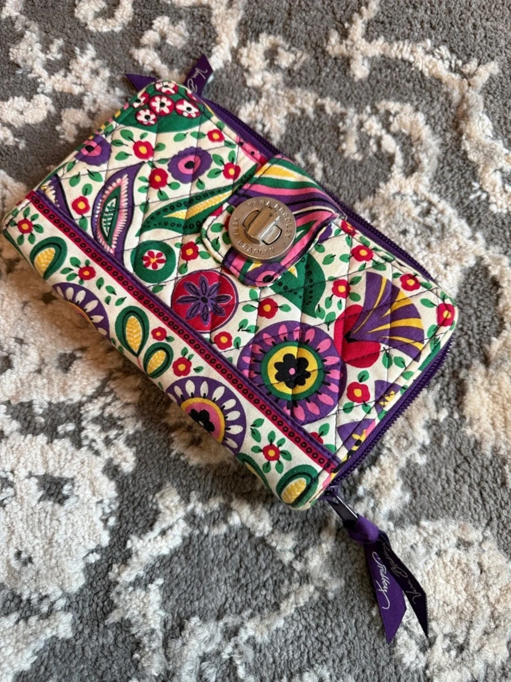 Vera Bradley Multicolor Floral Quilted Zip Wallet with Purple Trim - Picture 1 of 5